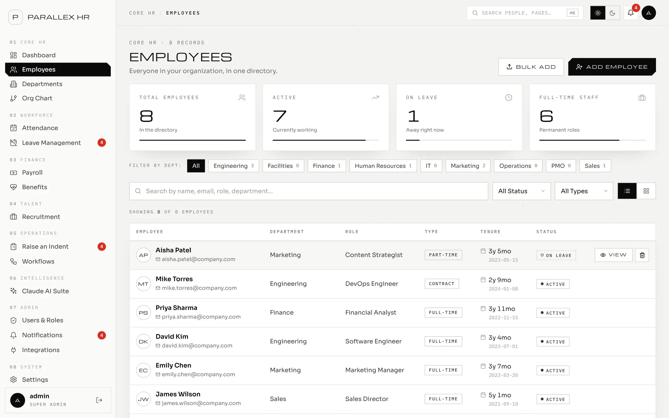 Parallex HR employee directory with department filters