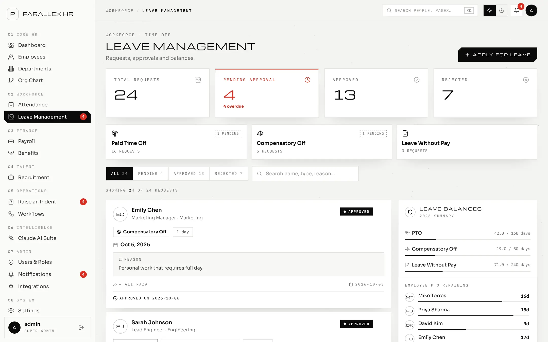 Parallex HR leave requests with approve and reject actions