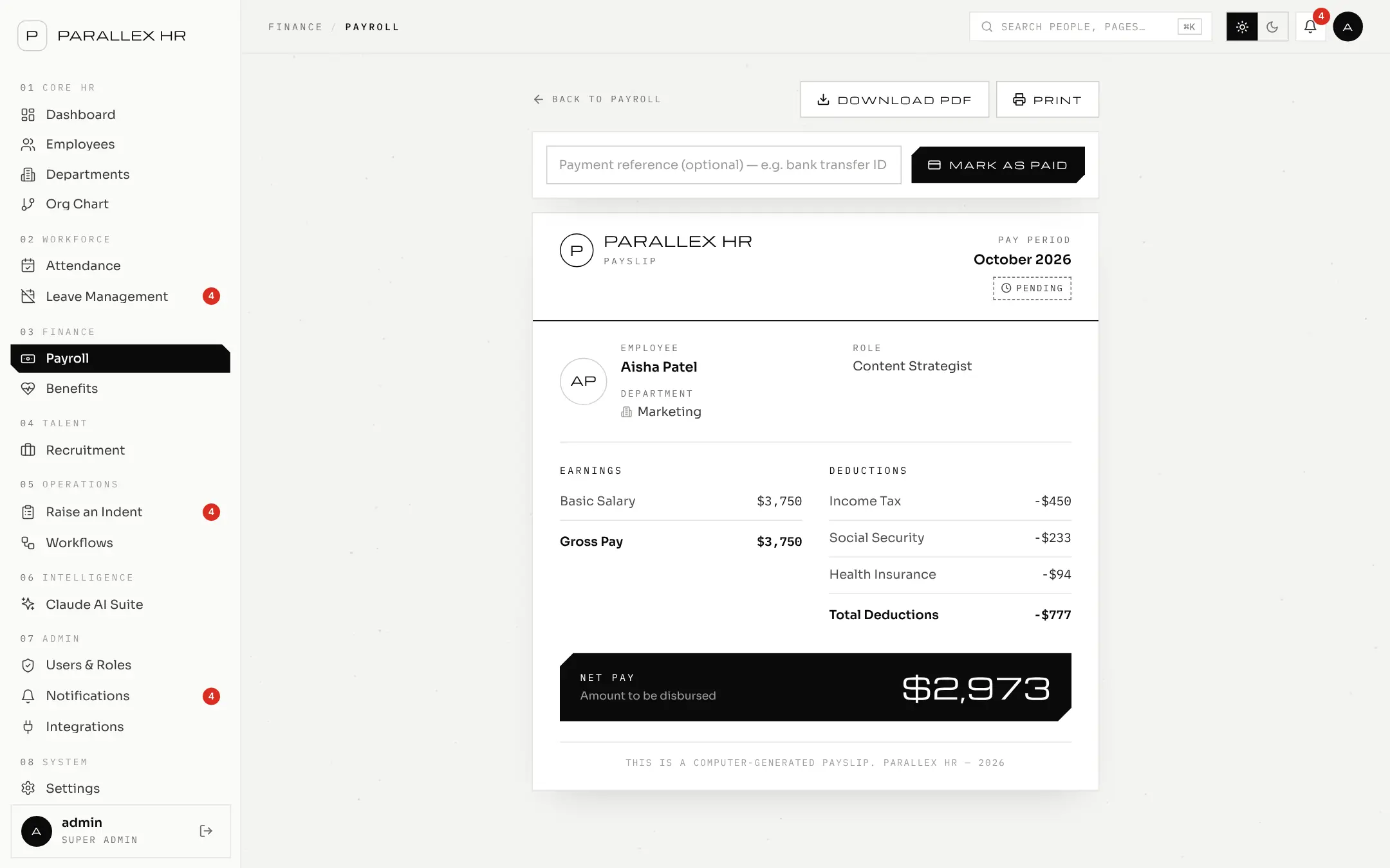 Parallex HR payslip with earnings, deductions and net pay